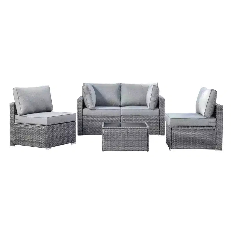 Ensemble de mobilier de jardin 5 pièces en osier Venise – Canapé de conversation avec table et coussins