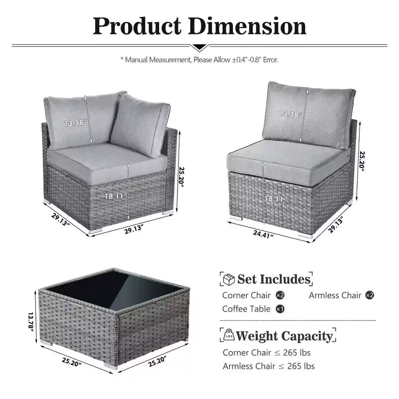 Ensemble de mobilier de jardin 5 pièces en osier Venise – Canapé de conversation avec table et coussins