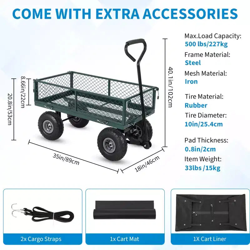 Chariot de jardin robuste en acier, 227 kg, chariot utilitaire pliant avec côtés et doublure en maille amovibles, pneus pneumatiques de 25,4 cm, poignée de traction