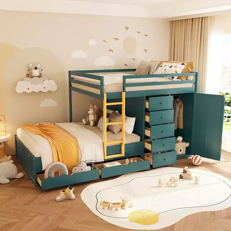 Lit superposé double sur double avec armoire de rangement et tiroirs, lit superposé double en bois peu encombrant avec garde-corps pour appartement, chambre à coucher