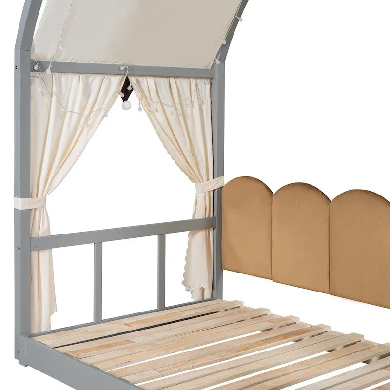 Lit cabane Montessori en bois massif avec plateforme, toit voûté et lit gigogne pour filles et garçons
