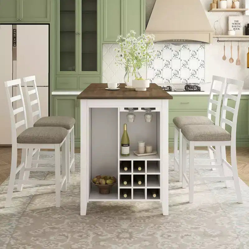 Ensemble de salle à manger 5 pièces de hauteur comptoir pour 4, table rectangulaire en bois avec étagères de rangement et compartiment à vin/barre