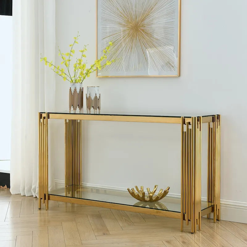 Console étroite à 2 niveaux avec structure en métal doré et plateau en verre trempé